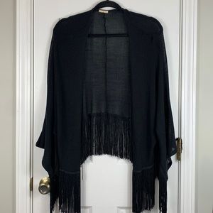Black open front cardigan sweater with fridge around the edges.